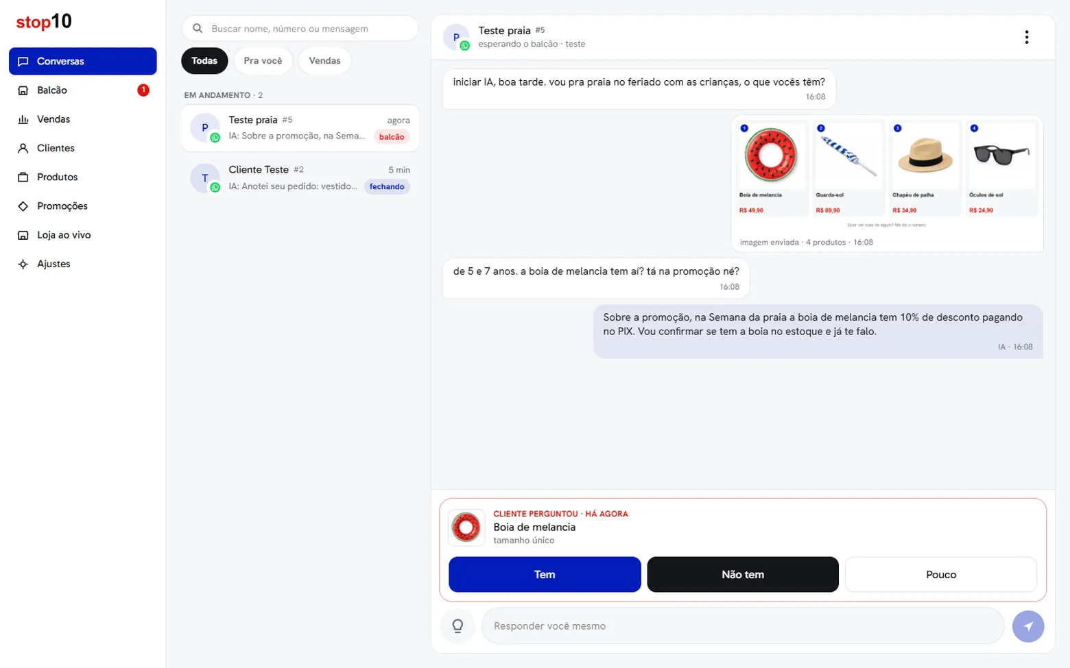 O app de atendimento da STOP 10 no computador: a conversa, as fotos que a IA mandou e a pergunta ao balcão